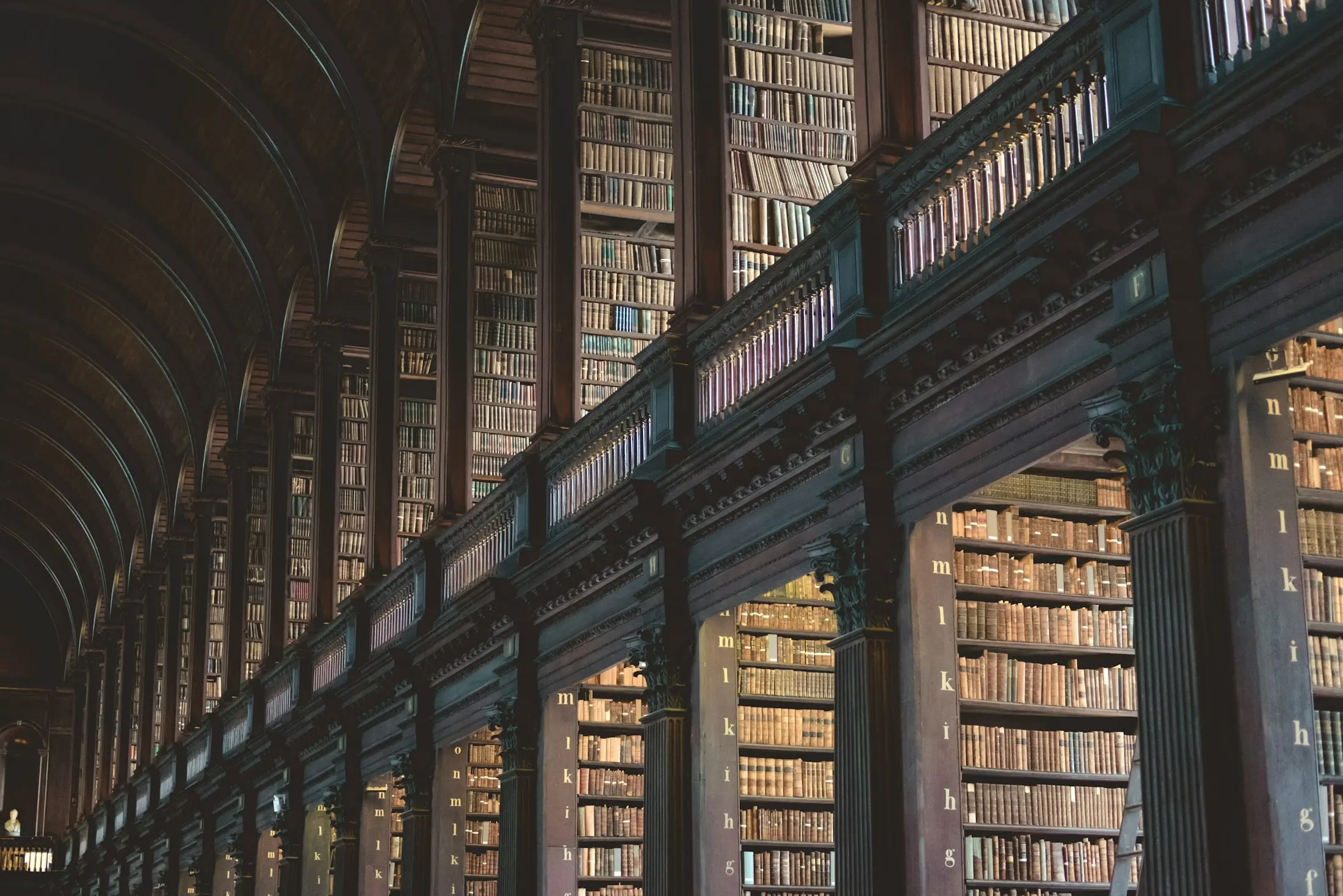 A long, vaulted historic library hall lined with wooden bookcases