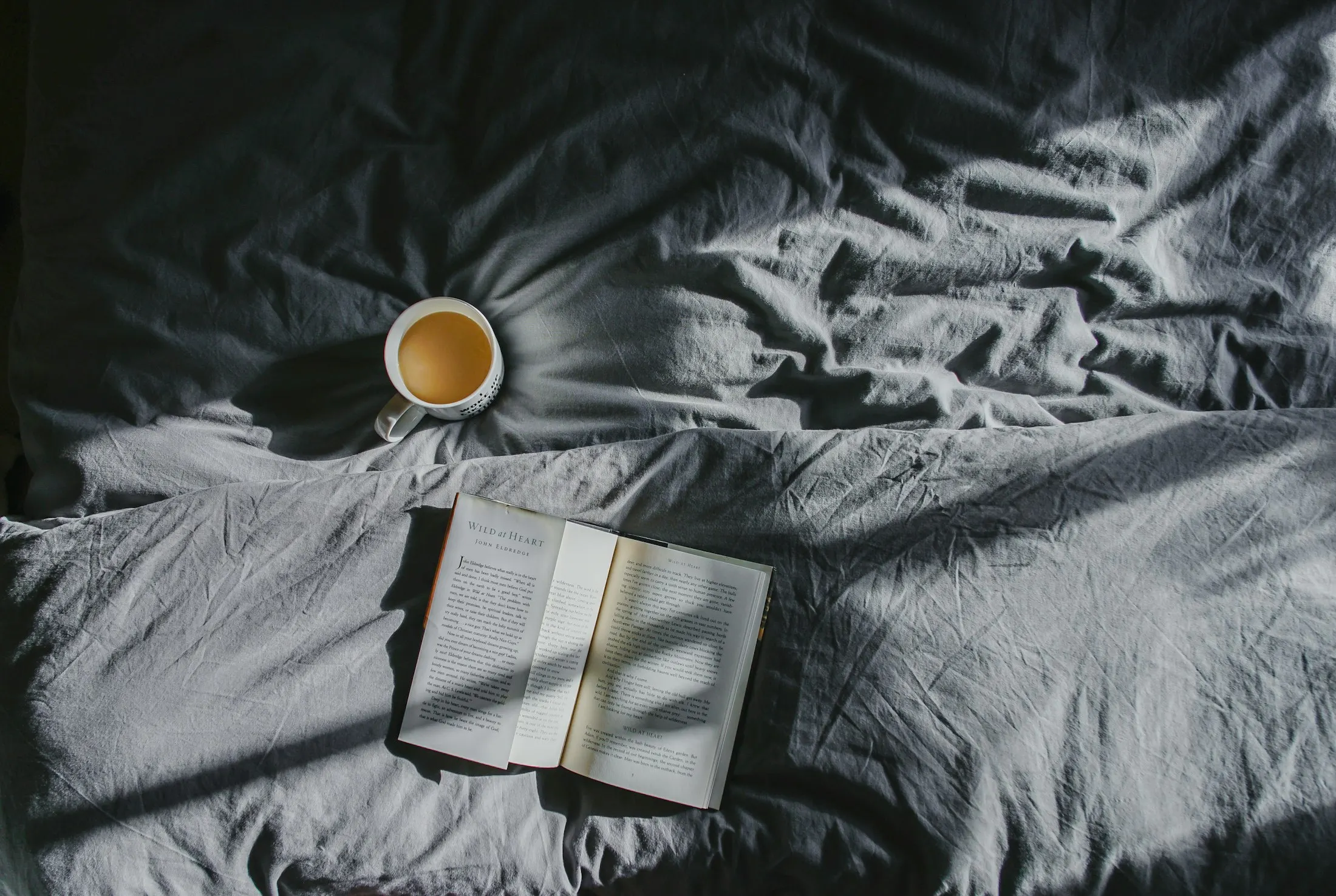 Overhead view of rumpled grey linen bedding in morning sun, with a cup of milky tea and an open paperback crossed by window-frame shadows.